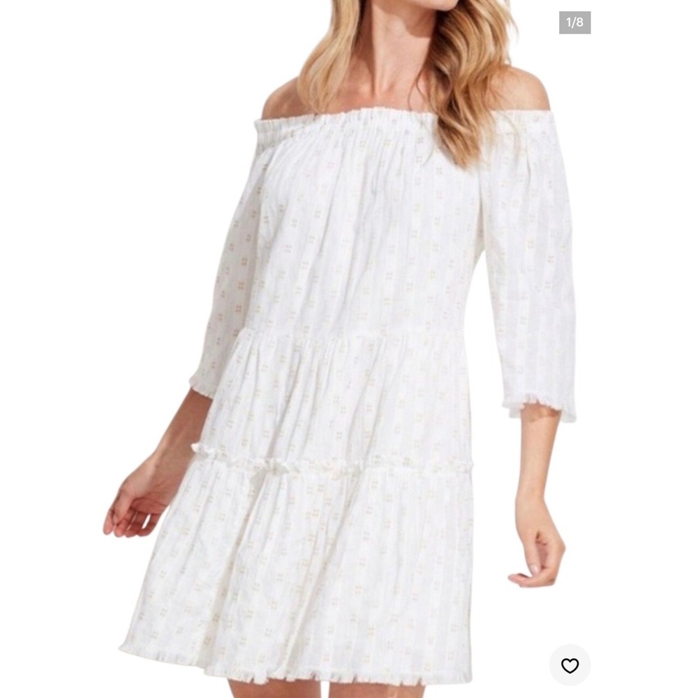 Vineyard Vines White Gold Lurex Dobby Off Shoulder Tiered Mini Dress Small